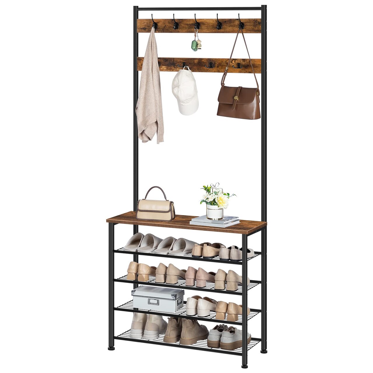 Brown Entryway Coat Rack with Shelves, 9 Hooks Hall Tree Organizer